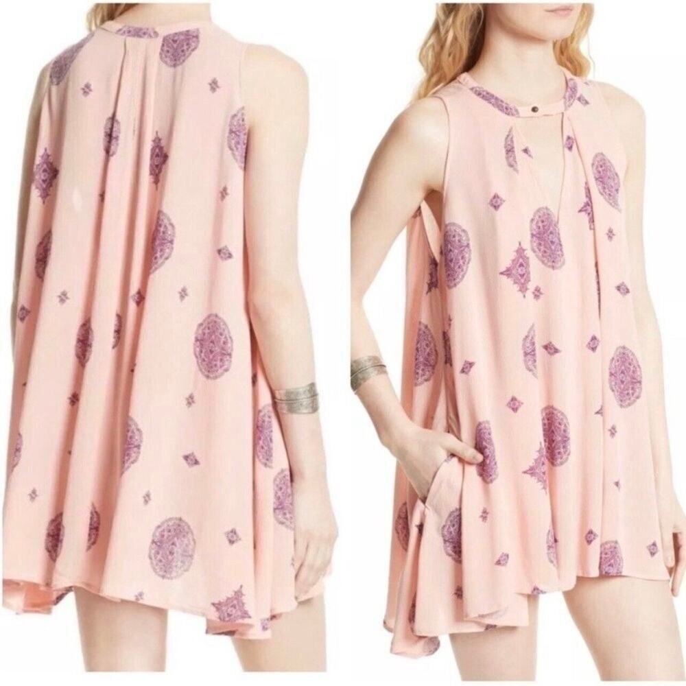 Free People Peach Pink & Purple Tree‎ Swing Tunic Dress Size Medium